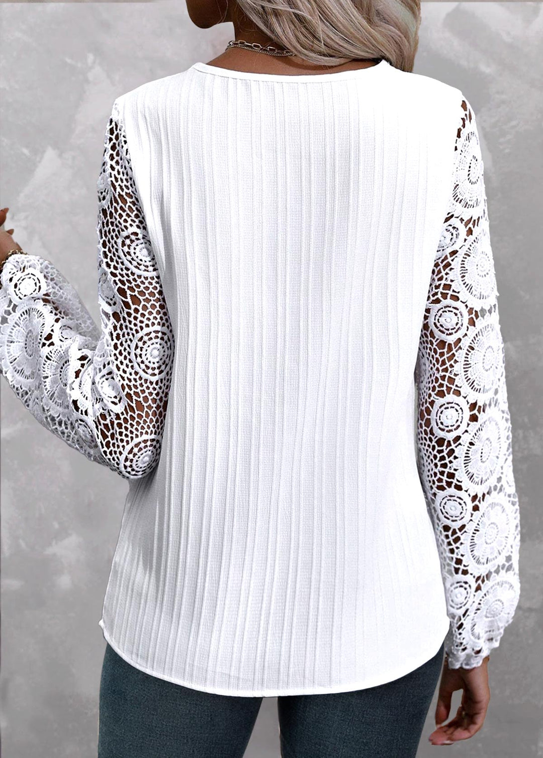 SALEMODLILY®
                                                        White Lace Plus Size Long Sleeve V Neck Blouse