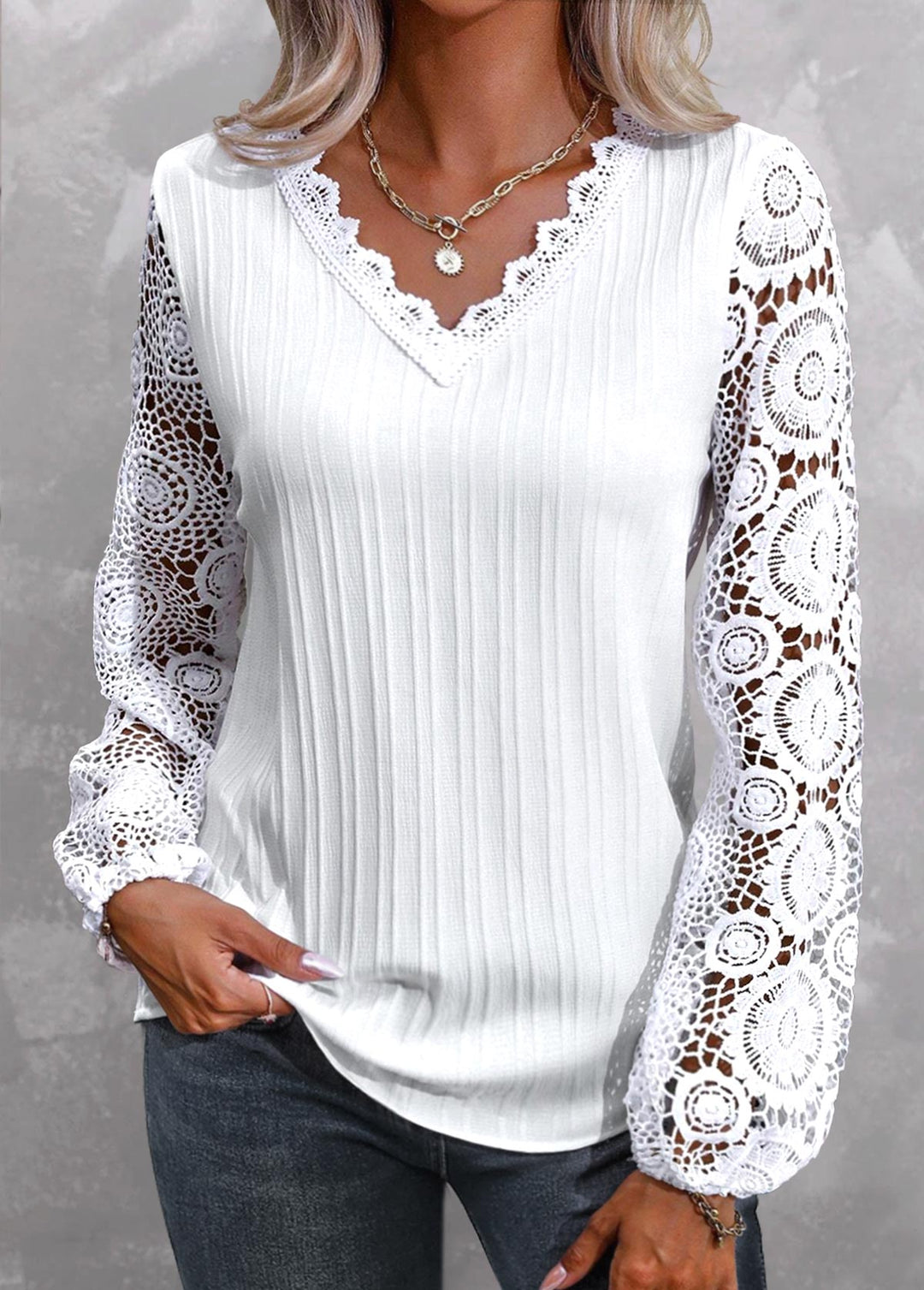 SALEMODLILY®
                                                        White Lace Plus Size Long Sleeve V Neck Blouse