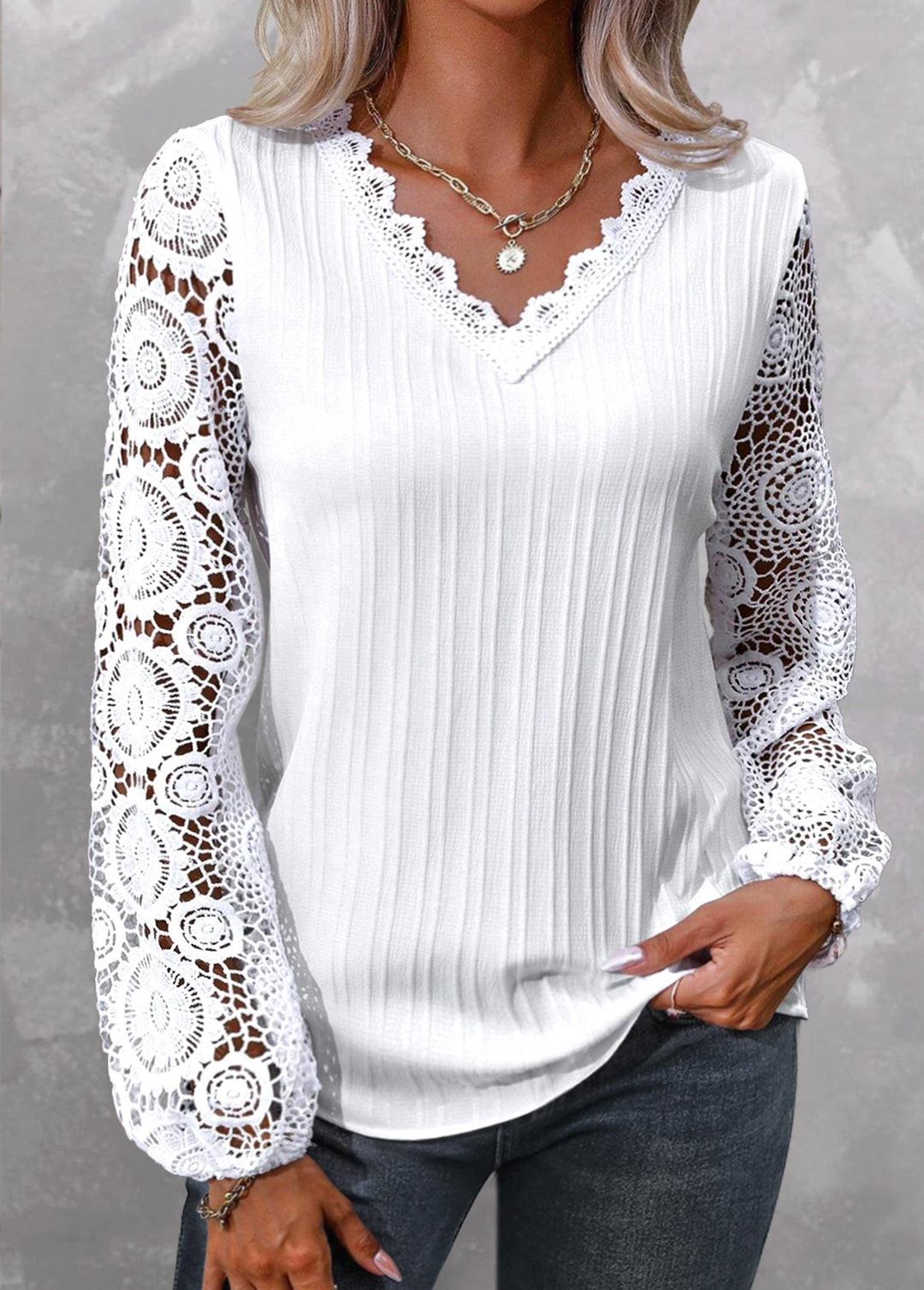 SALEMODLILY®
                                                        White Lace Plus Size Long Sleeve V Neck Blouse