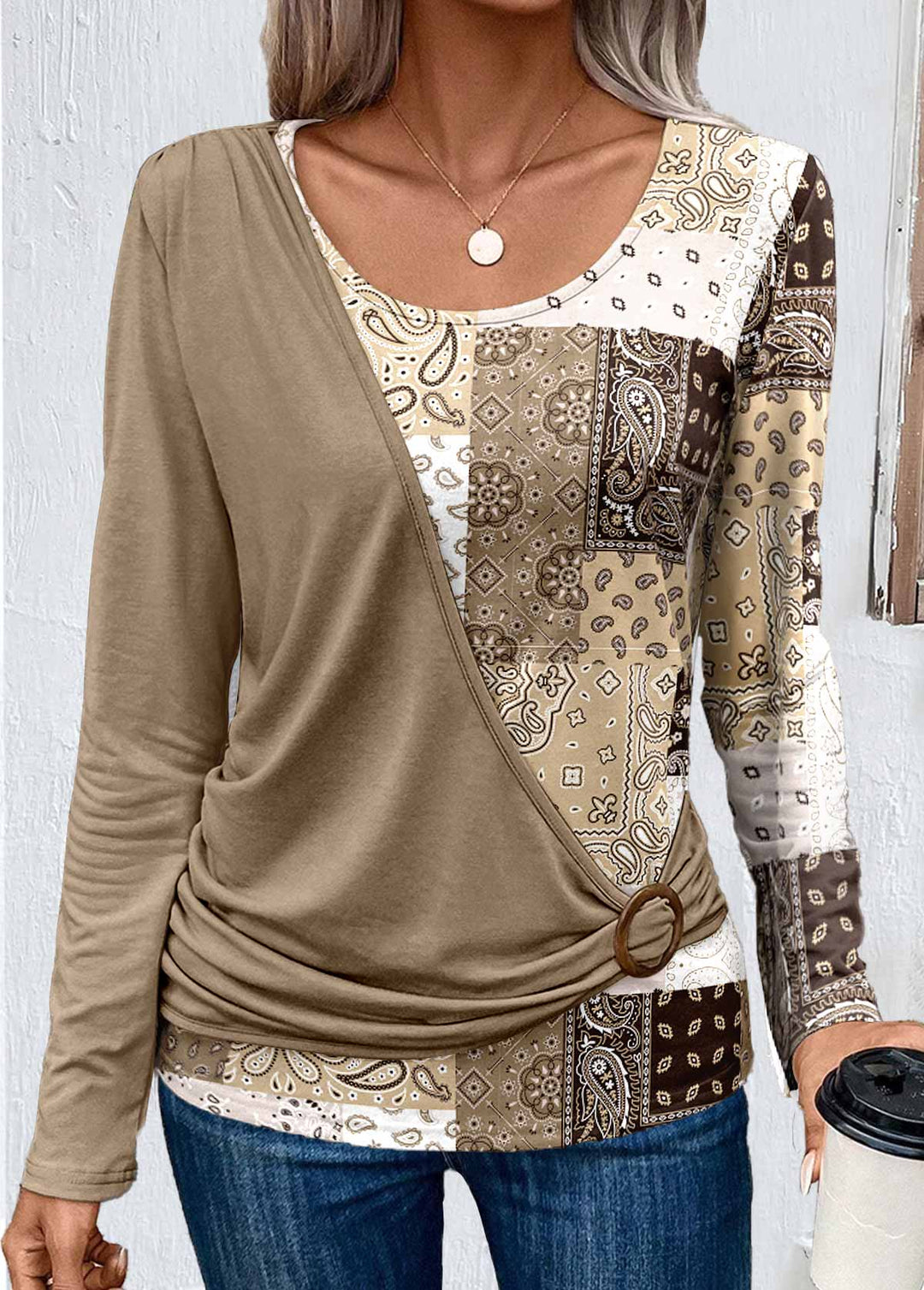 MODLILY®
                                                        Light Camel Asymmetry Patchwork Long Sleeve T Shirt