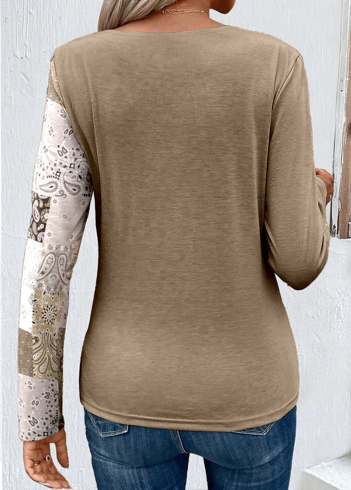 MODLILY®
                                                        Light Camel Asymmetry Patchwork Long Sleeve T Shirt