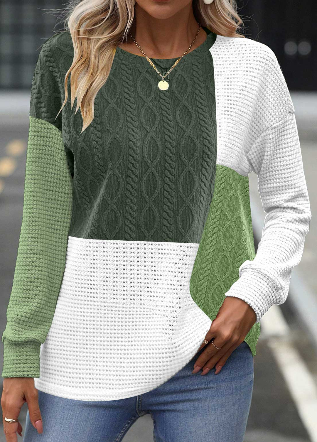 MODLILY®
                                                        Blackish Green Patchwork Long Sleeve Round Neck Sweatshirt