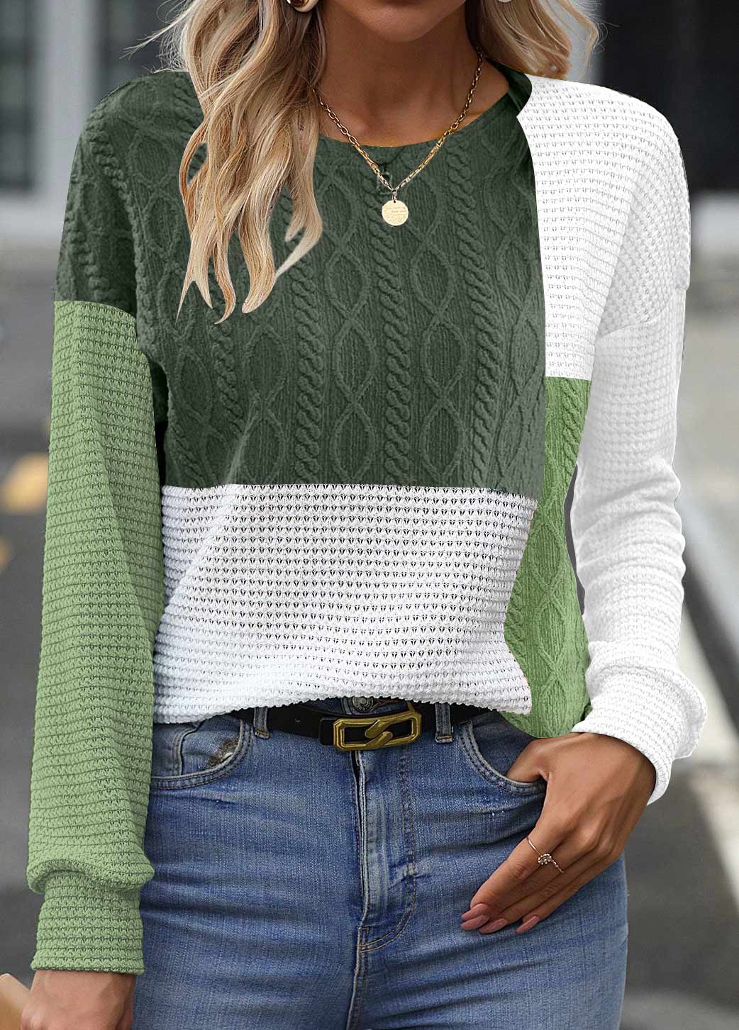 MODLILY®
                                                        Blackish Green Patchwork Long Sleeve Round Neck Sweatshirt