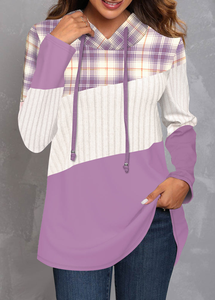 MODLILY®
                                                        Purple Patchwork Plaid Long Sleeve Hoodie