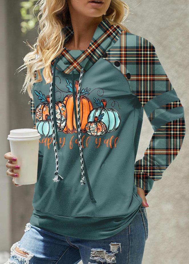 MODLILY®
                                                        Turquoise Patchwork Plaid Long Sleeve Cowl Neck Sweatshirt