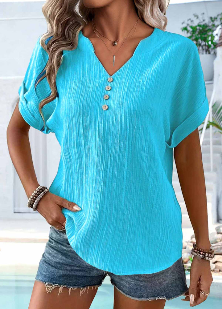 MODLILY®
                                                        Blue Button Short Sleeve Split Neck T Shirt