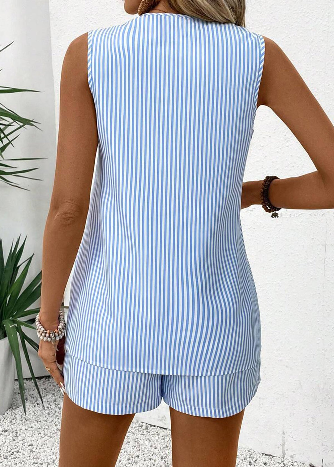 NEW INMODLILY®
                                                        Sky Blue Eyelet Striped Sleeveless Top and Shorts