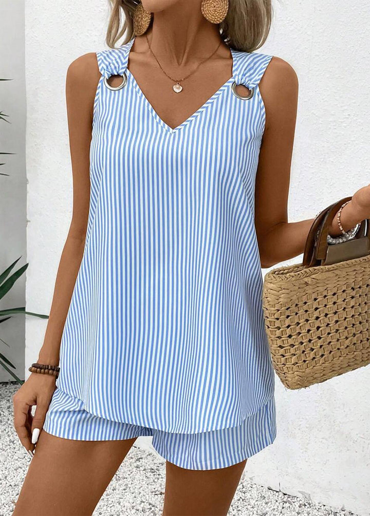 NEW INMODLILY®
                                                        Sky Blue Eyelet Striped Sleeveless Top and Shorts