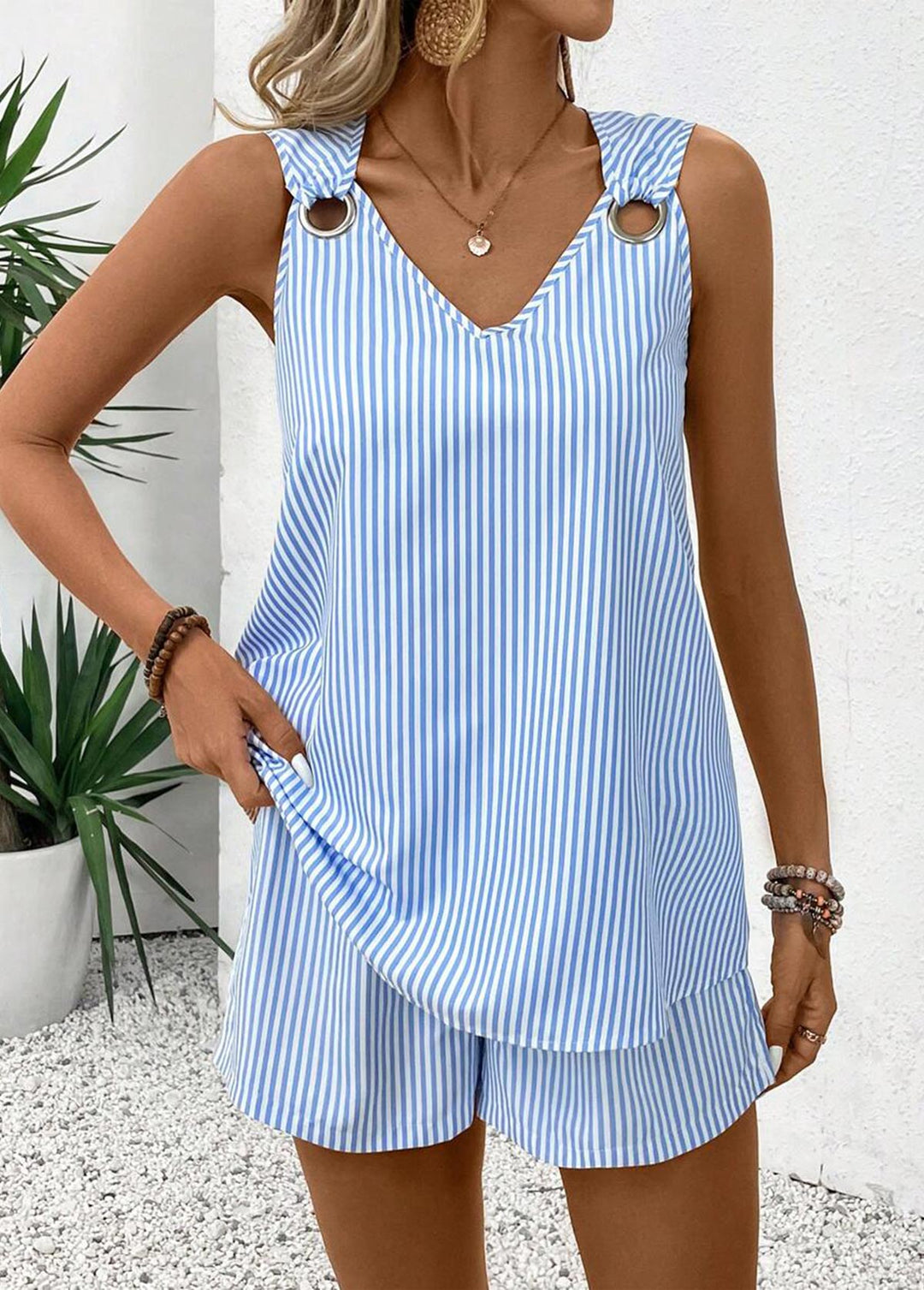 NEW INMODLILY®
                                                        Sky Blue Eyelet Striped Sleeveless Top and Shorts