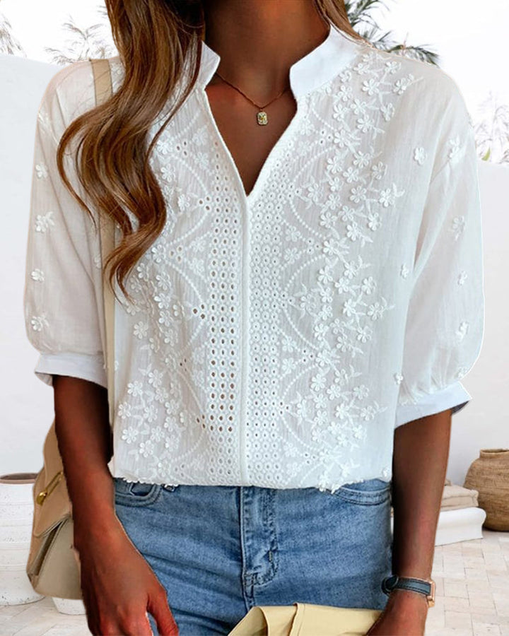 Blouse à manches courtes unie avec décolleté en V