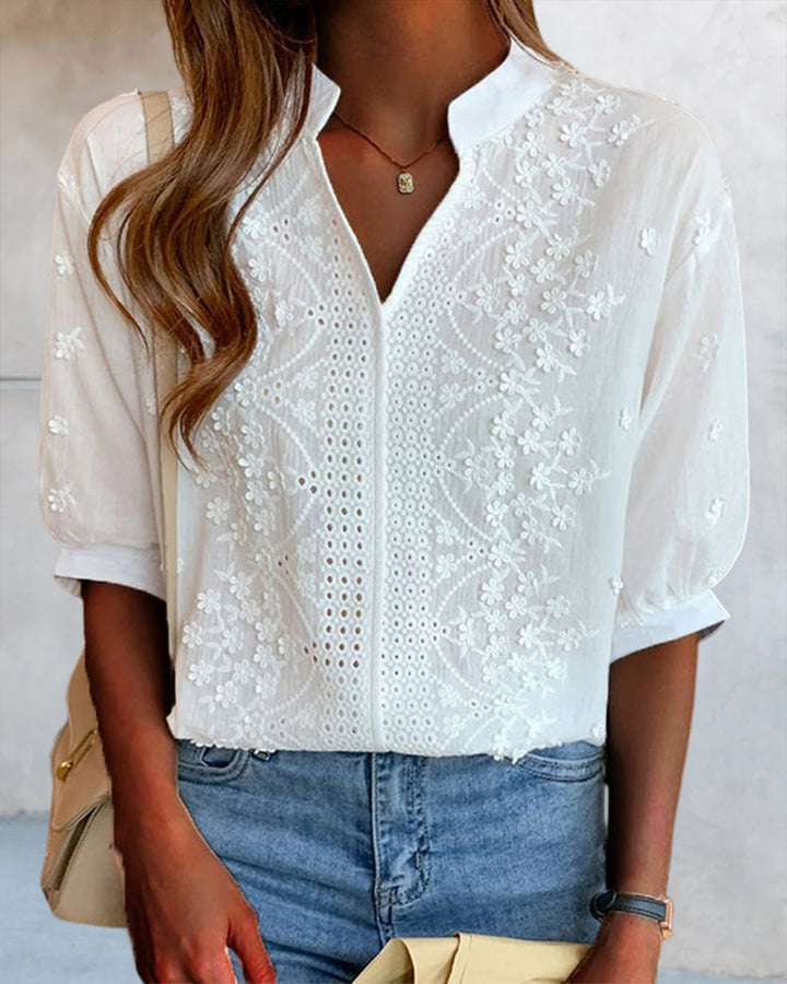 Blouse à manches courtes unie avec décolleté en V