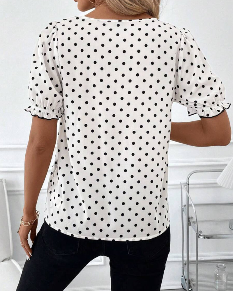 Blouse à Pois avec Nœud Décontractée