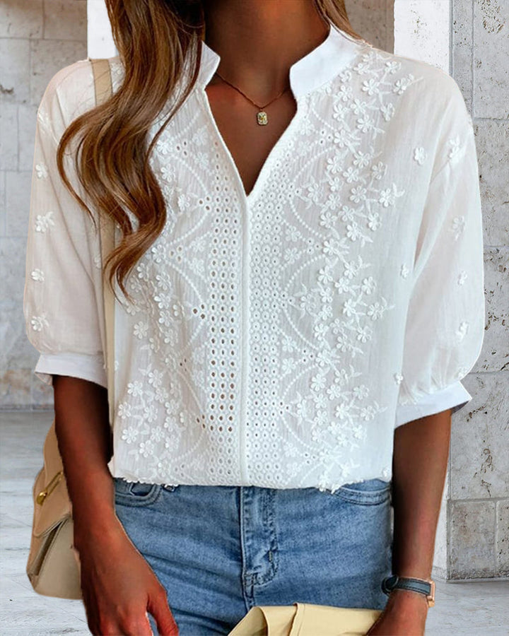 Blouse à manches courtes unie avec décolleté en V