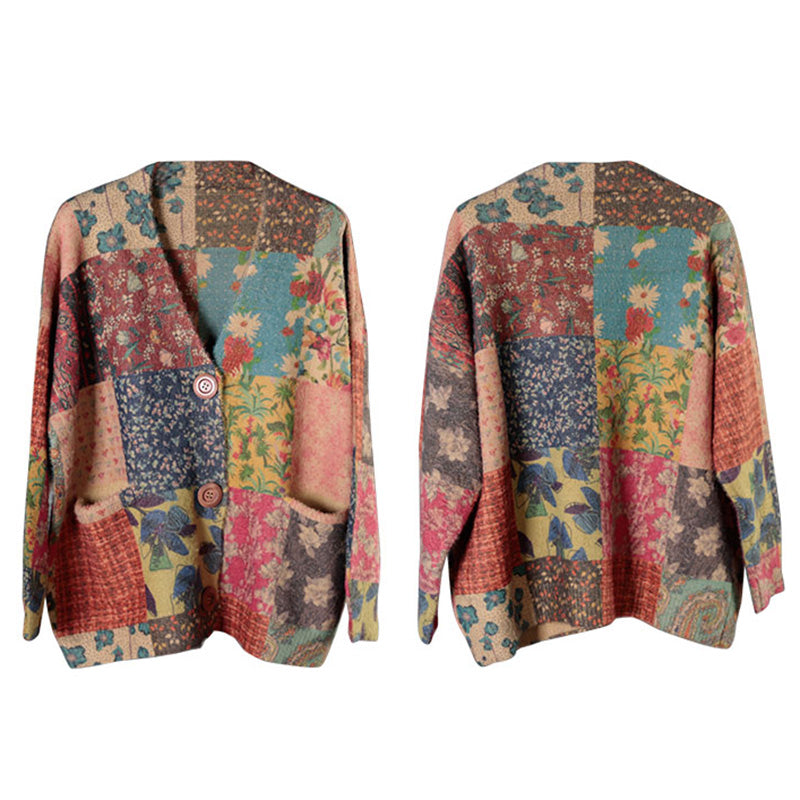 Plus Size Autumn Colorful Flower Knitted Floral Sweater Coat