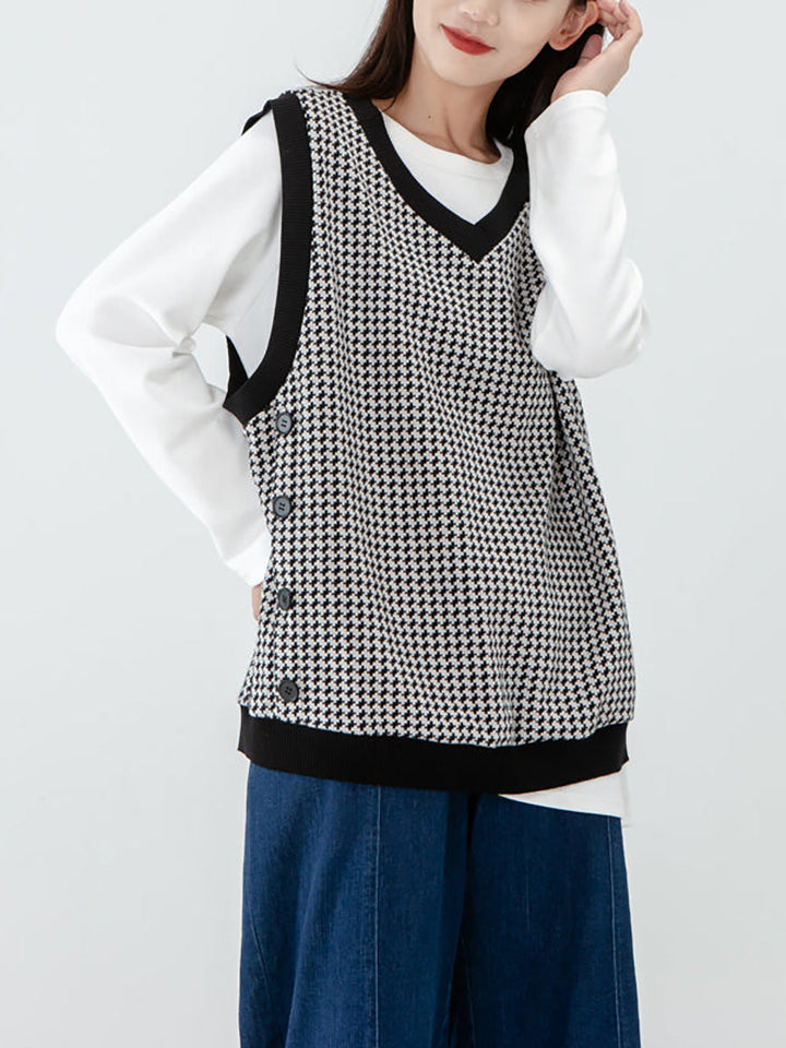 Plus Size Women Plaid Knitted Vest Pullover Sweater