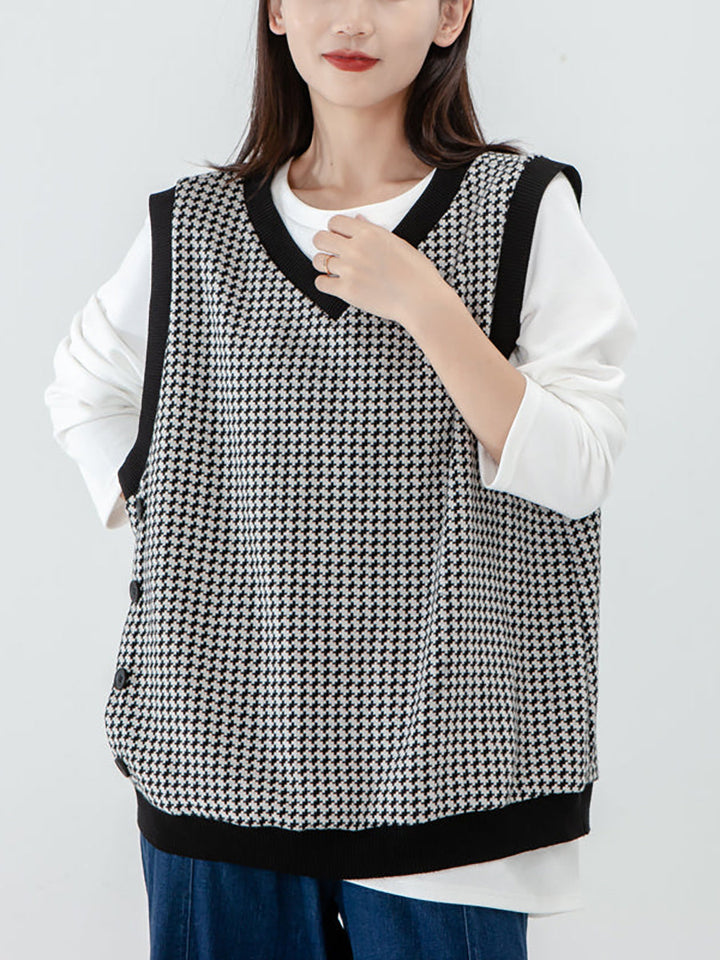 Plus Size Women Plaid Knitted Vest Pullover Sweater