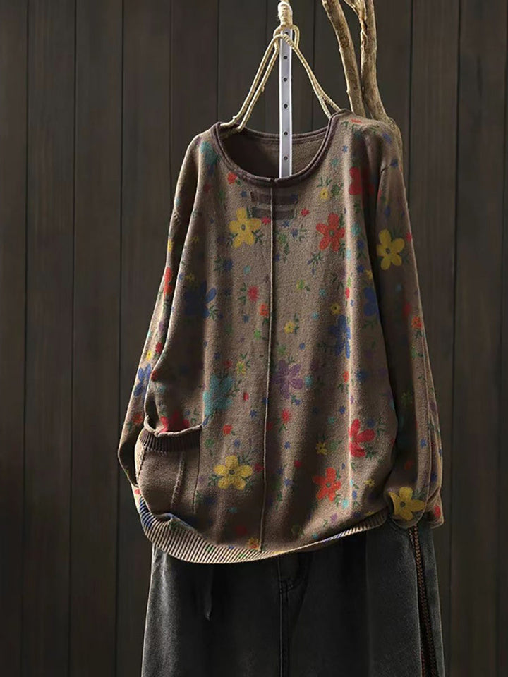 Women Autumn Casual Flower Knit O-Neck Sweater